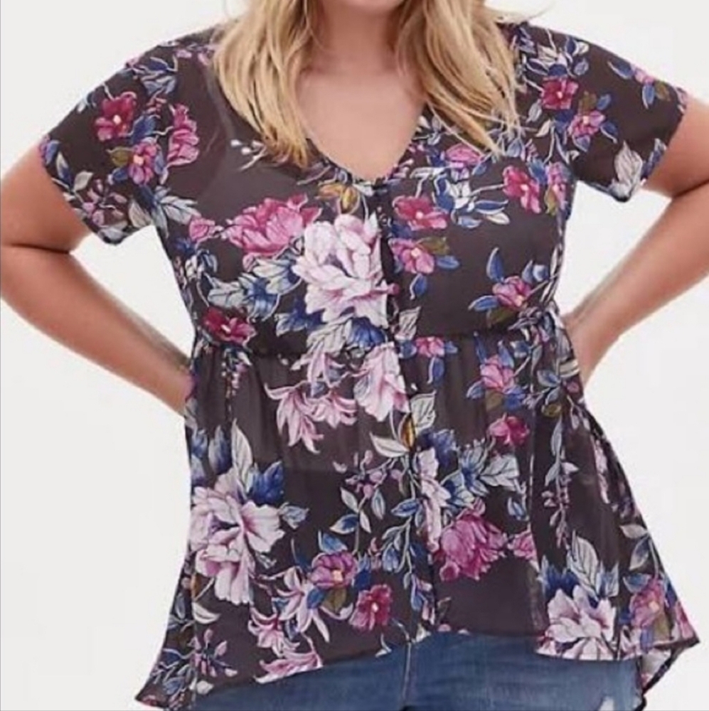 Torrid 4X Floral Sheer Babydoll High Low Boho Top
